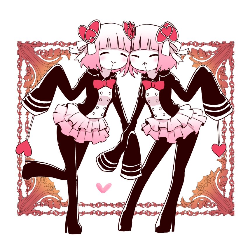 2girls, attraction-m_(lolo), boots, closed_eyes, heart, high_heel_boots, high_heels, highres