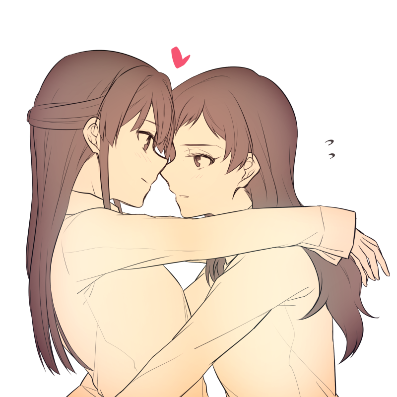 10s, 2girls, blush, brown_eyes, brown_hair, heart, idolmaster, idolmaster_million_live!, imminent_kiss, kitazawa_shiho, long_hair, looking_at_another, mogami_shizuka, monochrome, multiple_girls, pclbang, sepia, yuri