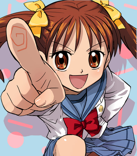 1girl, bow, brown_eyes, brown_hair, cosplay, female_focus, fingerprint, foreshortening