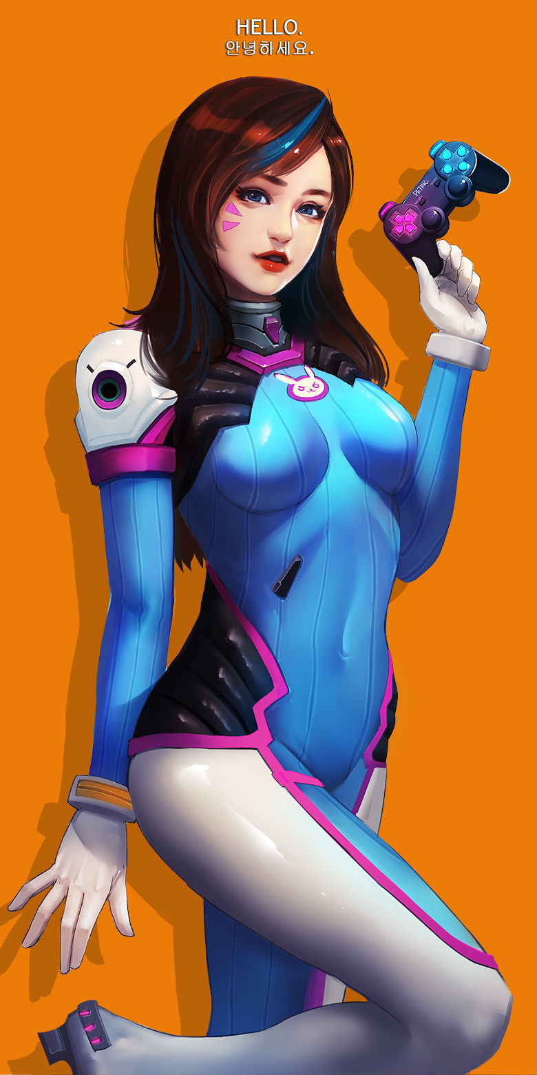 1girl, blue_eyes, bodysuit, brown_hair, controller, covered_navel, cowboy_shot, d.va_(overwatch), dualshock, facial_mark, female_focus, game_controller, highres, long_hair, overwatch, overwatch_1, peter_xiao, playstation_controller, solo, standing, superschool48, whisker_markings