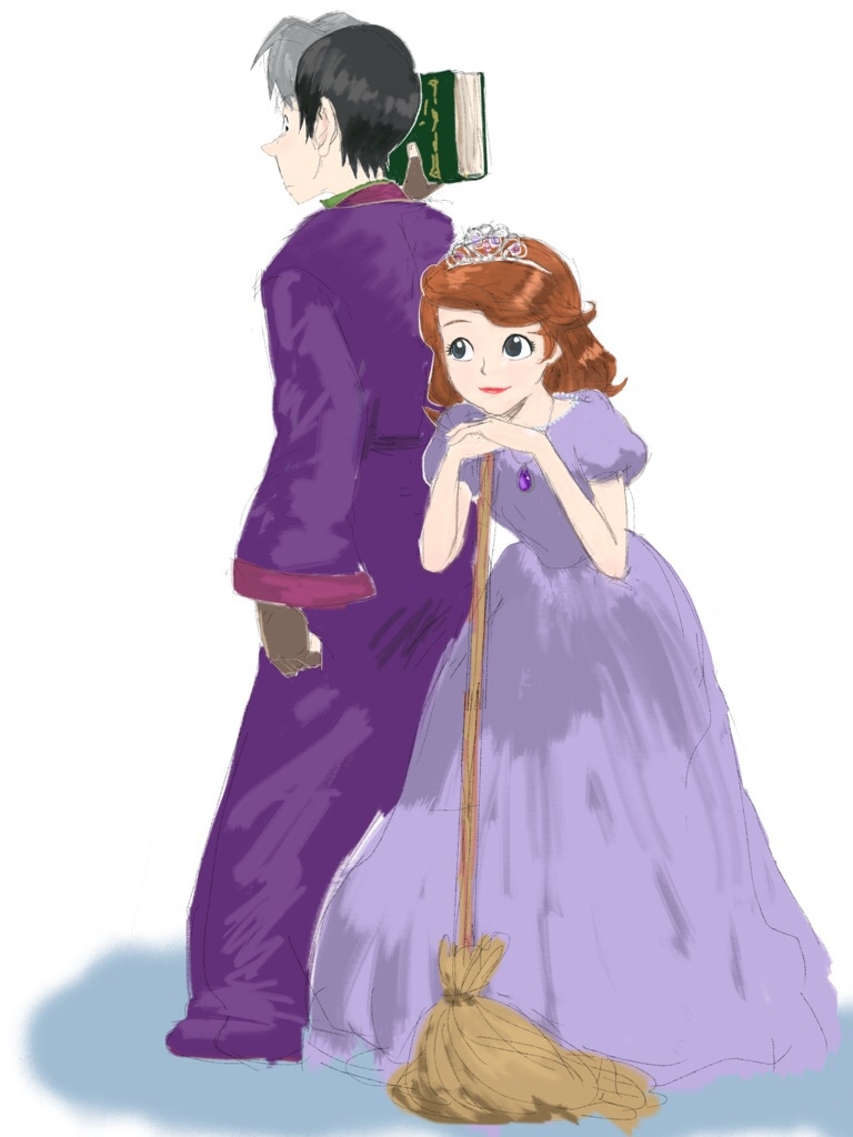 1boy, 1girl, age_difference, black_hair, book, broom, cedric_(disney), cedric_(sofia_the_first)