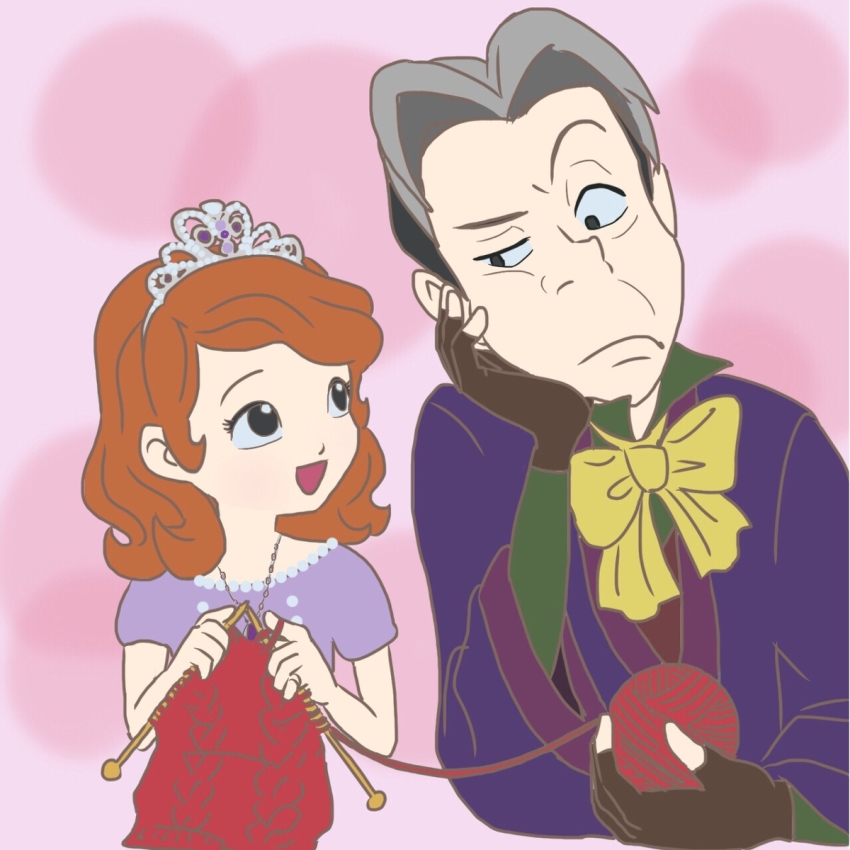 1boy, 1girl, age_difference, annoyed, cedric_(disney), cedric_(sofia_the_first), highres, knitting, sofia_(disney), sofia_the_first, yarn