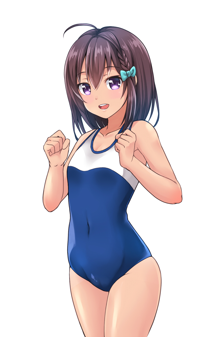 10s, 1girl, ahoge, bare_shoulders, blush, braid, brown_hair, collarbone