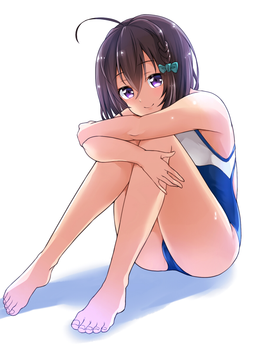 10s, 1girl, ahoge, bare_shoulders, barefoot, blush, braid, bright_background