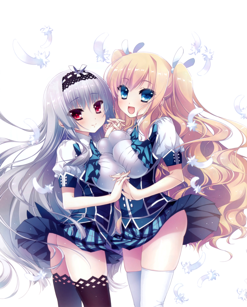 2girls, :d, absurdres, ass, asymmetrical_docking, black_legwear, blush, breast_press