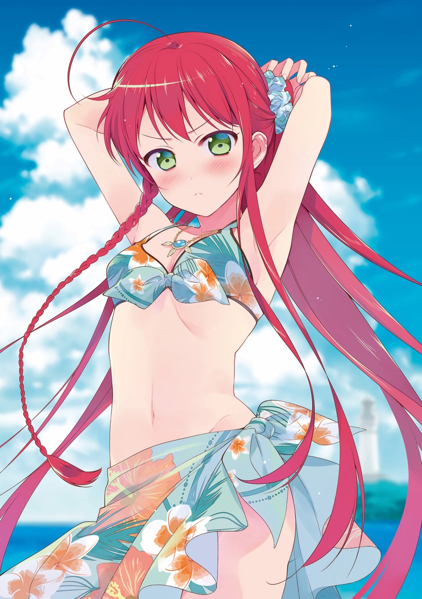 029, 1girl, ahoge, akio_hiiragi, amulet, armpits, arms_up, beach