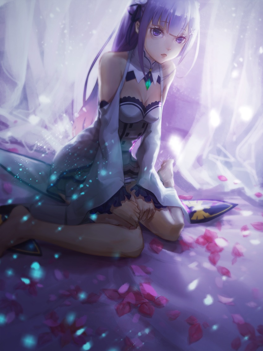 10s, 1girl, 476686911, barefoot, breasts, cleavage, collar, detached_sleeves, dress, emilia_(re:zero), female_focus, hair_ornament, highres, kneeling, long_hair, looking_at_viewer, medium_breasts, purple_eyes, purple_hair, re:zero_kara_hajimeru_isekai_seikatsu, shou_xian_wu, solo, strapless, strapless_dress