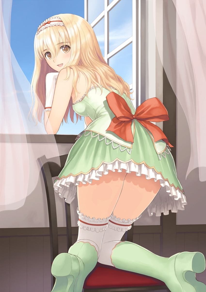 1girl, arm_support, bare_shoulders, blonde_hair, boots, bow, brown_eyes, dress, elmina_(shining_wind_x), female_focus, frilled_skirt, frilled_thighhighs, frills, from_behind, gloves, green_boots, green_dress, hairband, hat, highres, knee_boots, kneeling, knees_together_feet_apart, legs, long_hair, looking_at_viewer, looking_back, miniskirt, open_mouth, petticoat, ribbon, shining_(series), shining_wind, shining_wind_x, skirt, smile, socks, solo, thighhighs, tony_taka, white_gloves, window