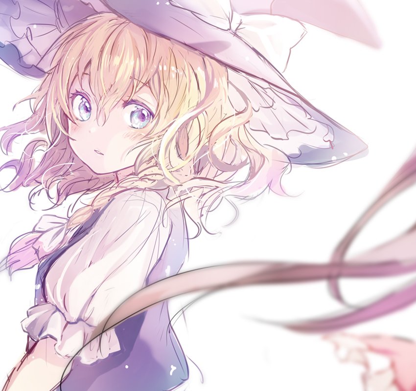 1girl, blonde_hair, blue_eyes, blurry, blush, bow, braid, colorized, hair_bow, hakurei_reimu, hat, hat_ribbon, kirisame_marisa, messy_hair, parted_lips, puffy_sleeves, ribbon, shirt, short_hair, short_sleeves, side_braid, simple_background, single_braid, sketch, solo_focus, touhou, upper_body, vest, wavy_hair, white_background, witch_hat, zof_(kinokoruru)