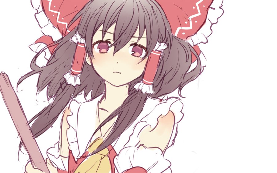 1girl, ascot, blush, bow, broom, brown_hair, detached_sleeves, expressionless