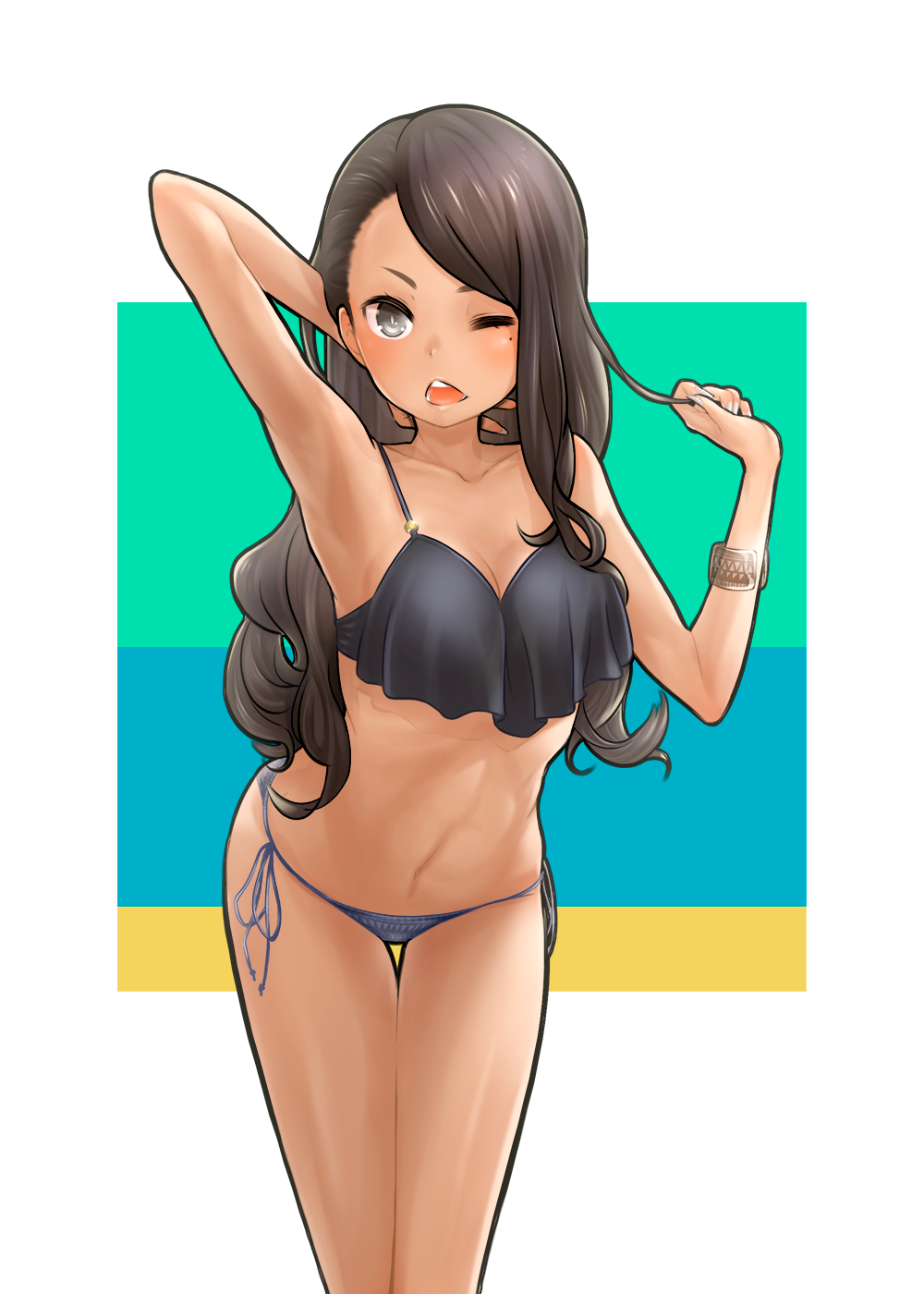 1girl, arm_behind_head, armpits, bad_id, bad_pixiv_id, bikini, black_bikini, black_eyes