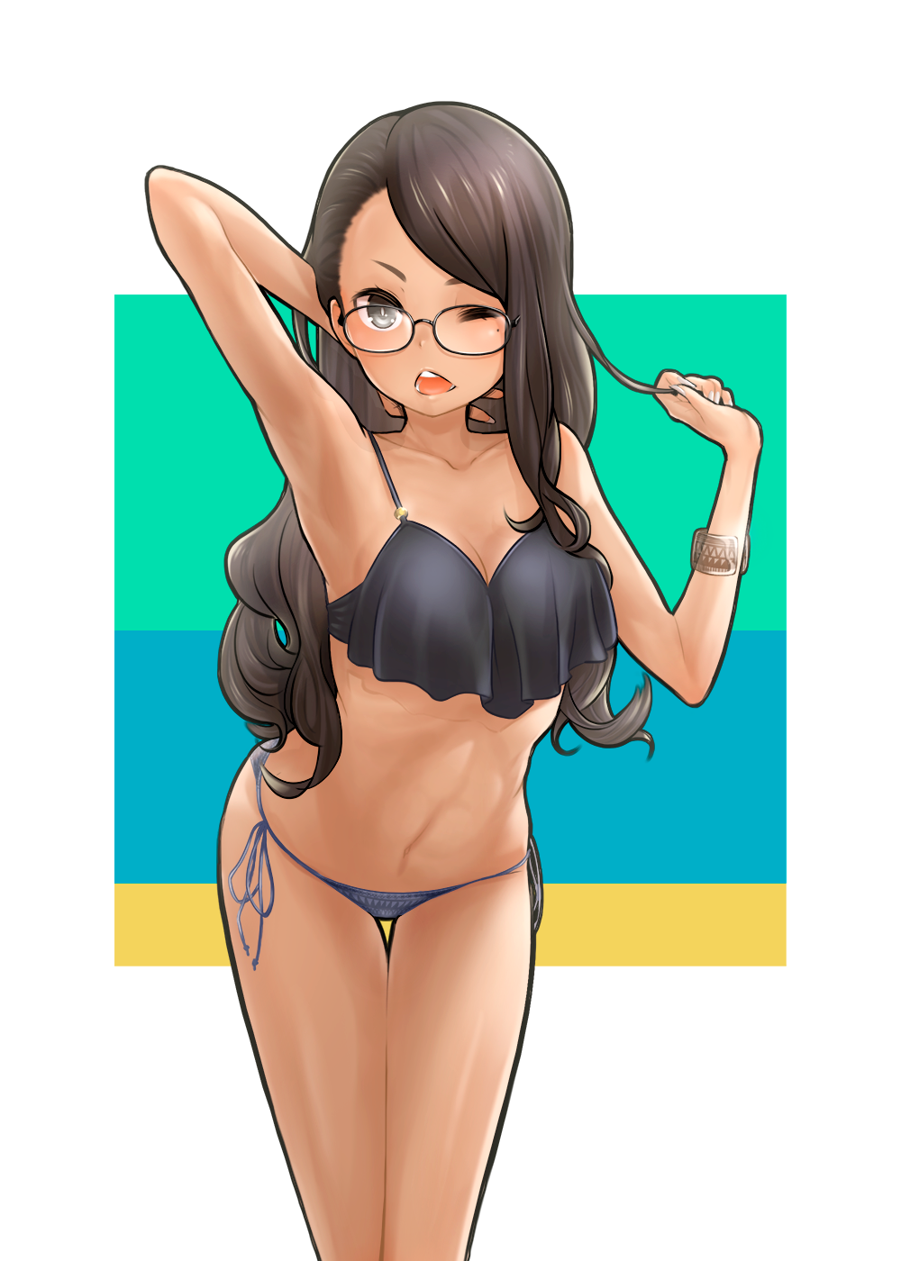 1girl, arm_behind_head, armpits, bad_id, bad_pixiv_id, bikini, black_bikini, black_eyes