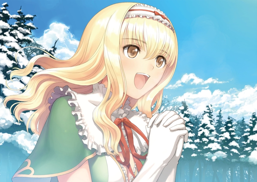1girl, blonde_hair, blue_sky, bow, breasts, brown_eyes, capelet, cleavage