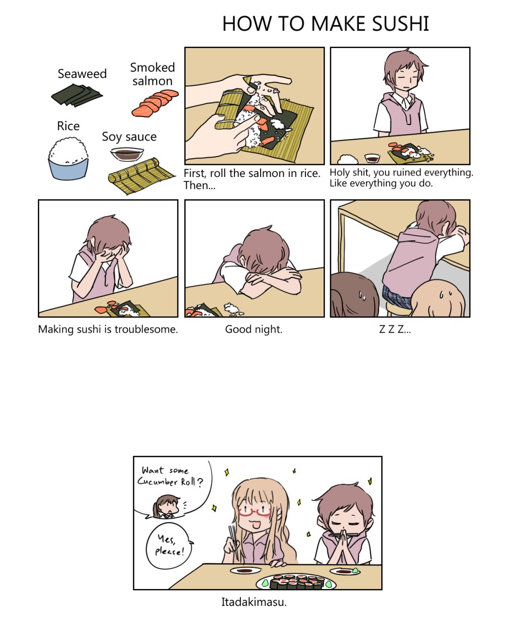3girls, ano_fuji, arms_up, bowl, chopsticks, closed_eyes, comic, crossed_arms