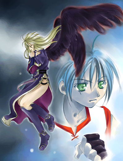 1boy, 1girl, angel_wings, bare_legs, black_wings, blonde_hair, blue_dress, blue_hair