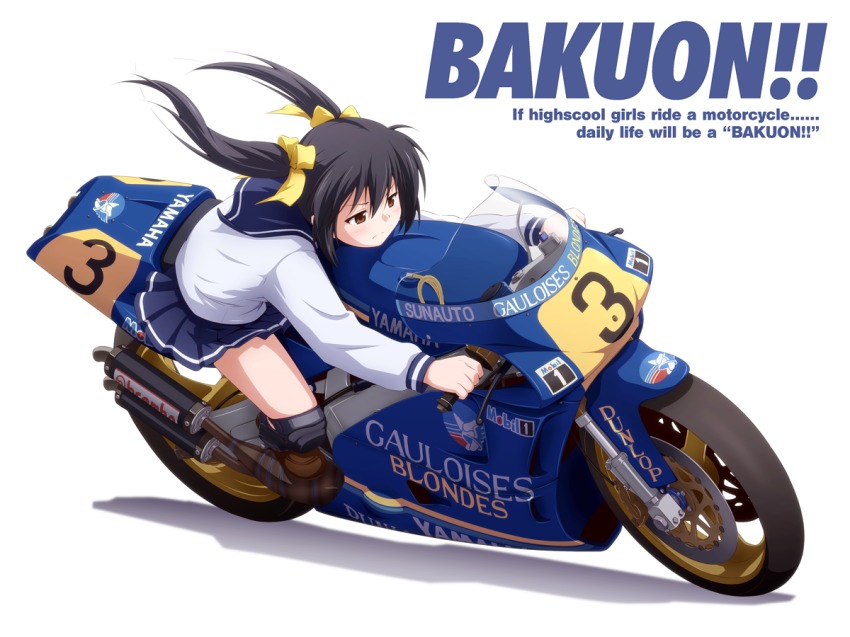 10s, 1girl, bakuon!!, bow, brown_hair, candy_apricot_(ymmryso), commentary_request, english_text, engrish_text, female_focus, knee_pads, mashita_(candy_apricot), motor_vehicle, motorcycle, nakano_chisame, ranguage, riding, school_uniform, solo, vehicle, yamaha, yamaha_yzr500