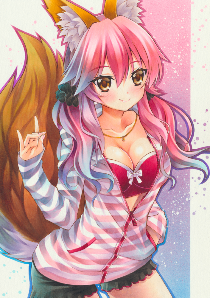 10s, 1girl, animal_ears, blush, bra, breasts, cleavage, collarbone, fate/extra, fate/grand_order, fate_(series), female_focus, fox_ears, fox_shadow_puppet, fox_tail, jewelry, large_breasts, light_smile, looking_at_viewer, marker_(medium), necklace, official_alternate_costume, open_clothes, open_shirt, pink_bra, pink_hair, shirt, solo, tail, tamamo_no_mae_(fate), tamamo_no_mae_(spring_casual)_(fate), traditional_media, type-moon, underwear, yellow_eyes, yuto_cafe
