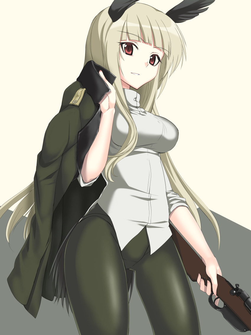1girl, a9b_(louis814), absurdres, blonde_hair, coat, female_focus, grete_m._gollob, gun