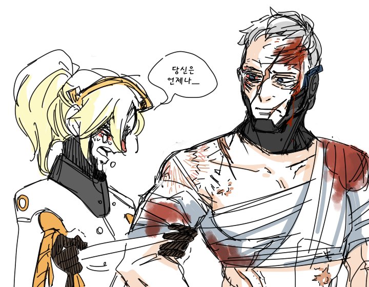 10s, 1boy, 1girl, ano_hi_mita_hana_no_namae_wo_bokutachi_wa_mada_shiranai., ars, bad_id, bad_twitter_id, bandaged_arm, bandages, blonde_hair, blood, blood_on_face, bloodshot_eyes, bloody_bandages, blush, crying, closed_eyes, korean_text, lillu, mercy_(overwatch), no_mask, overwatch, overwatch_1, ponytail, sad, scar, scar_on_face, short_hair, silver_hair, simple_background, sketch, soldier:_76_(overwatch), tears, translated, trembling, white_background