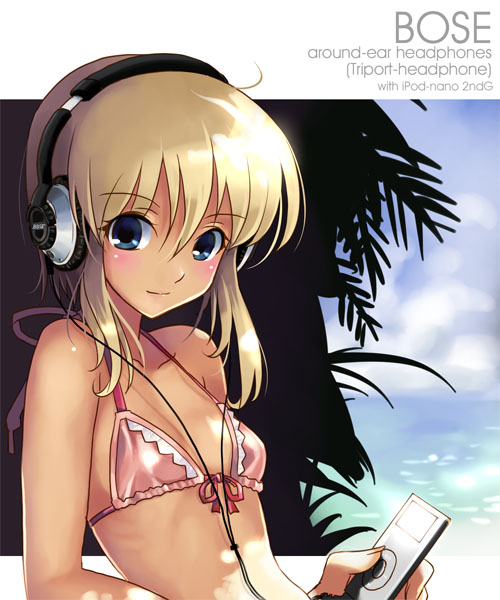 1girl, bare_shoulders, bikini, blonde_hair, blue_eyes, bose, day, mp3_player