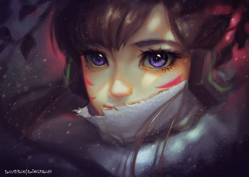 1girl, artist_name, brown_hair, d.va_(overwatch), david_pan, eyelashes, facial_mark, female_focus, headphones, lips, lipstick, long_hair, looking_at_viewer, makeup, overwatch, overwatch_1, parted_lips, pink_lips, portrait, purple_eyes, realistic, solo, swept_bangs, whisker_markings