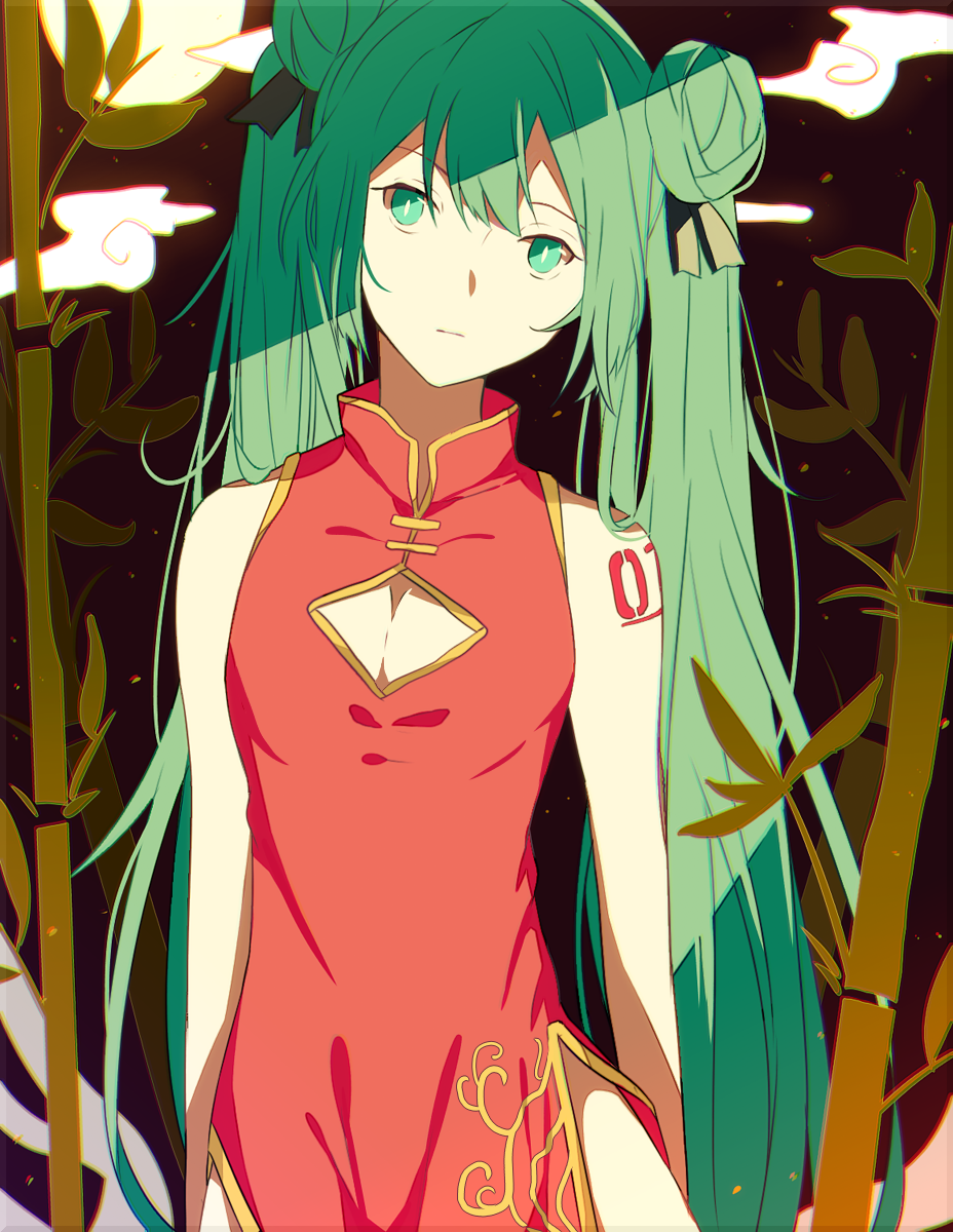 1girl, bad_id, bad_pixiv_id, black_ribbon, breasts, china_dress, chinese_clothes, cleavage, cleavage_cutout, clothing_cutout, dress, female_focus, green_eyes, green_hair, hair_ribbon, hatsune_miku, highres, konomi_(kumagai20), long_hair, looking_at_viewer, matching_hair/eyes, red_dress, ribbon, small_breasts, solo, twintails, vocaloid