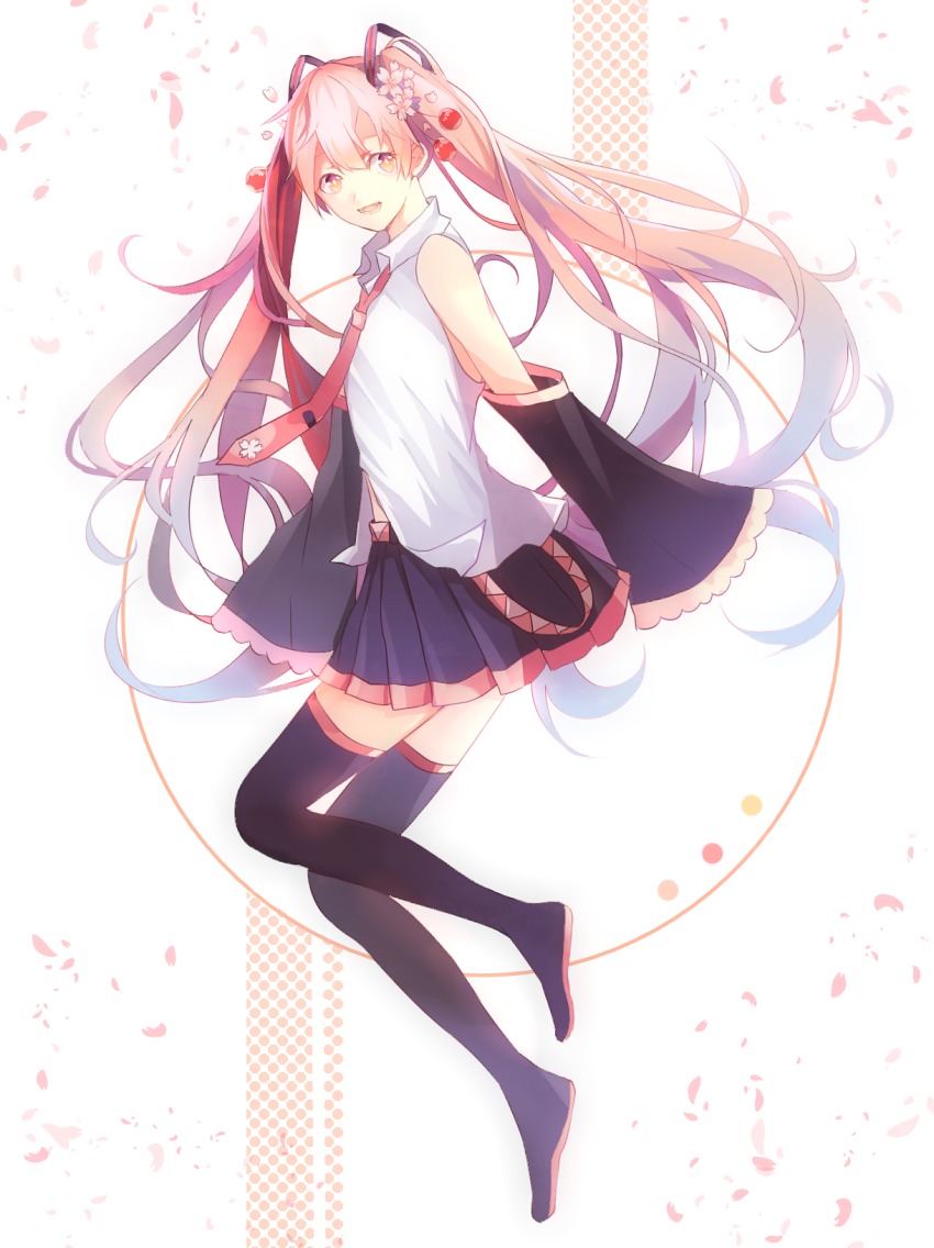 1girl, black_skirt, black_thighhighs, brown_eyes, detached_sleeves, female_focus, hatsune_miku, highres