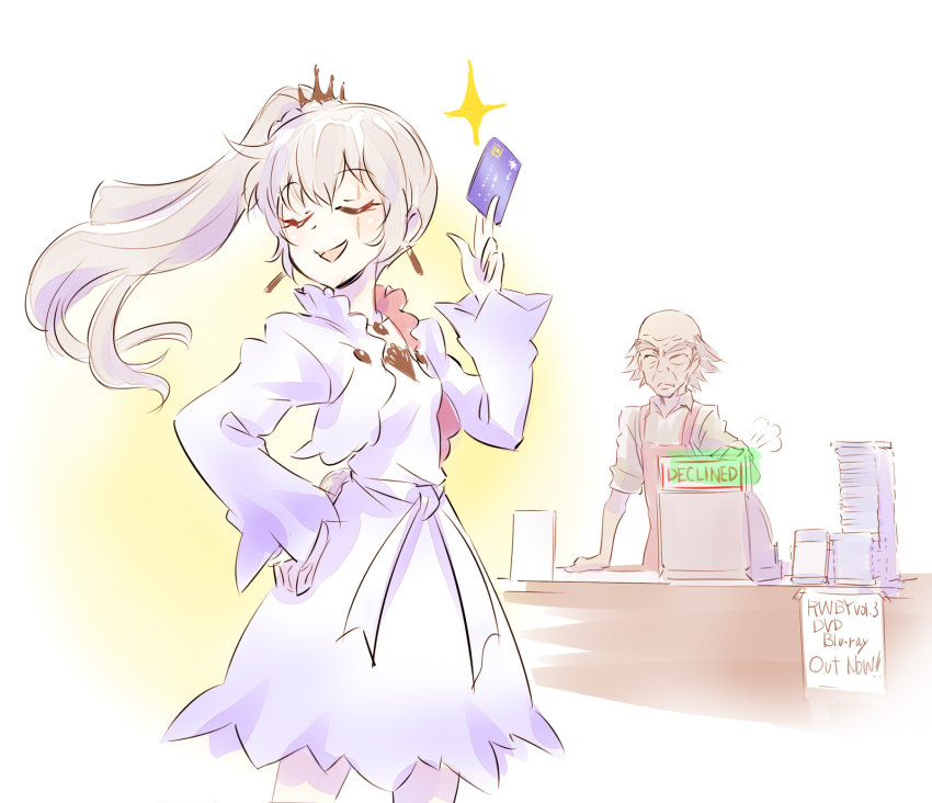1boy, 1girl, bald, credit_card, earrings, closed_eyes, highres, iesupa, jewelry, meta, old, old_man, rwby, scar, scar_on_face, shopkeeper_(rwby), side_ponytail, weiss_schnee, white_hair