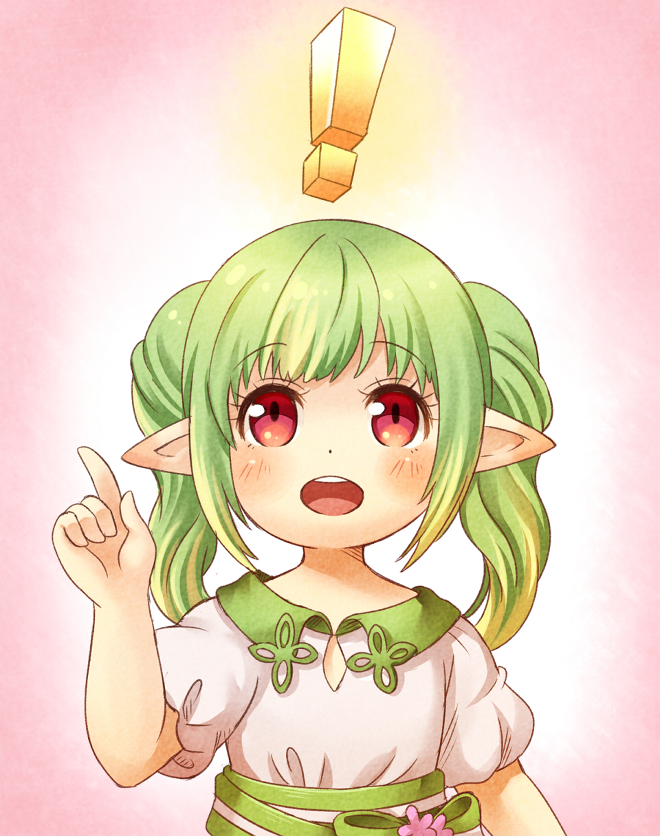 !, 10s, 1girl, bad_id, bad_pixiv_id, dress, female_focus, final_fantasy, final_fantasy_xiv, green_hair, highres, lalafell, long_hair, open_mouth, pointy_ears, red_eyes, smile, solo, twc_(p-towaco), twintails, upper_body, warrior_of_light_(ff14)