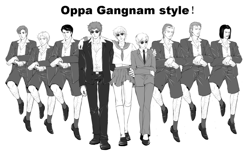 1girl, 6+boys, crossdressing, ernest_mecklinger, facial_hair, formal_clothes, fritz_josef_bittenfeld, gangnam_style