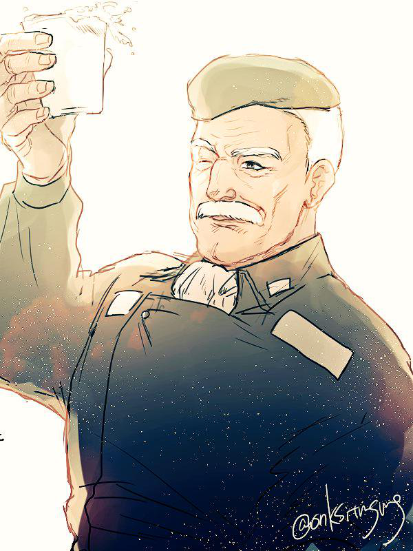 1boy, alcohol, alexander_bucock, beret, facial_hair, ginga_eiyuu_densetsu, glass, hat, male_focus, manly, military, military_uniform, mustache, onakasuita_(onksitmsms), one_eye_closed, short_hair, solo, white_hair