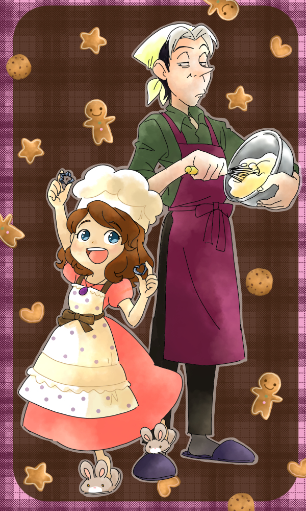 1boy, 1girl, age_difference, apron, blue_eyes, cedric_(disney), cedric_(sofia_the_first), cookie_cutter
