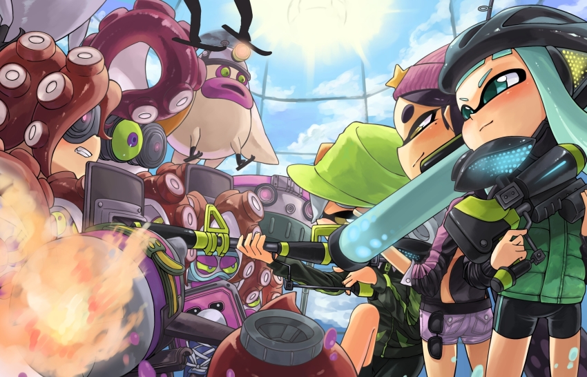 4girls, agent_3_(splatoon), baseball_cap, beanie, bicycle_helmet, bike_shorts, black_hair, black_shorts