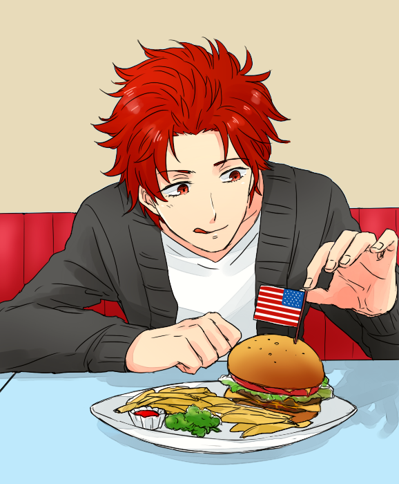 1boy, 31sgic, akagi_toma, american_flag, burger, fire_emblem, flag, food