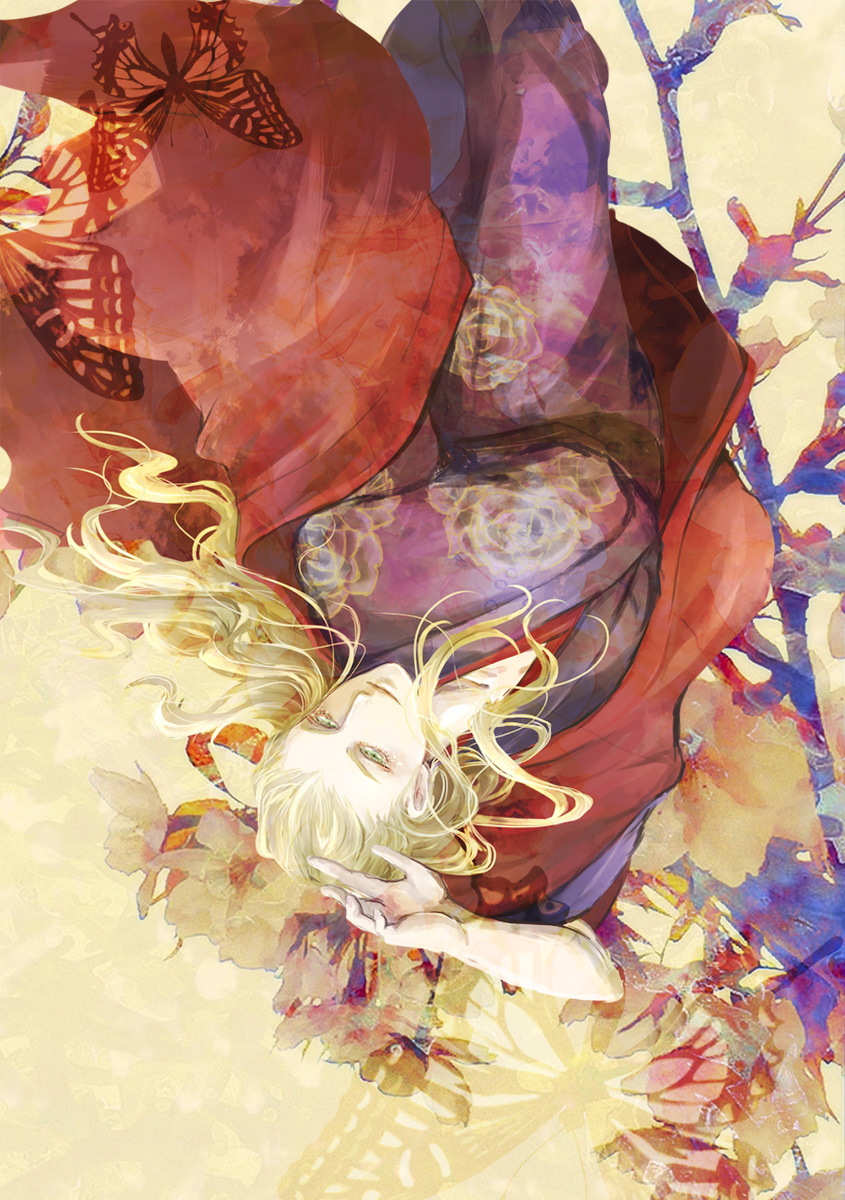 10s, 1boy, blonde_hair, bug, butterfly, flower, green_eyes, hanamura_shoma, haori, highres, idolmaster, idolmaster_side-m, japanese_clothes, kimono, long_hair, lying, male_focus, nikosuke, on_back, rose, smile, solo, branch, upside-down