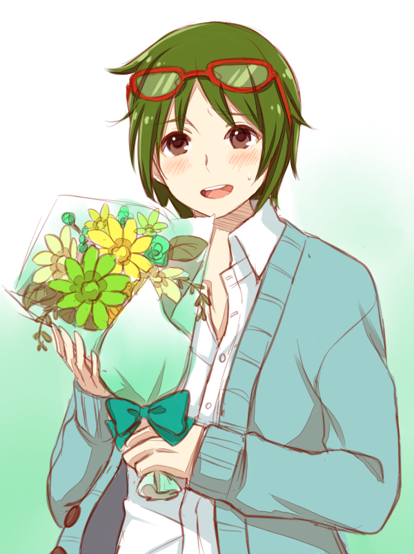 10s, 1boy, blush, bouquet, cowboy_shot, flower, glasses, green_hair