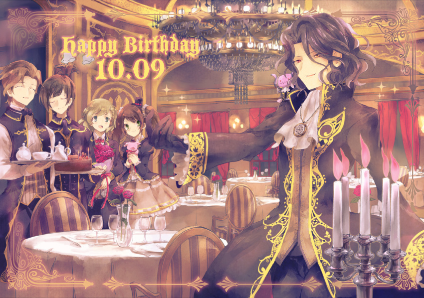 10s, 5boys, asselin_bb_ii, birthday_cake, black_gloves, bouquet, brown_hair, cafe_parade