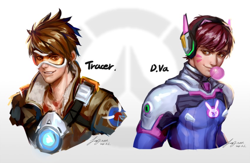 2016, 2boys, bodysuit, brown_hair, character_name, classic_d.va, d.va_(overwatch), dated