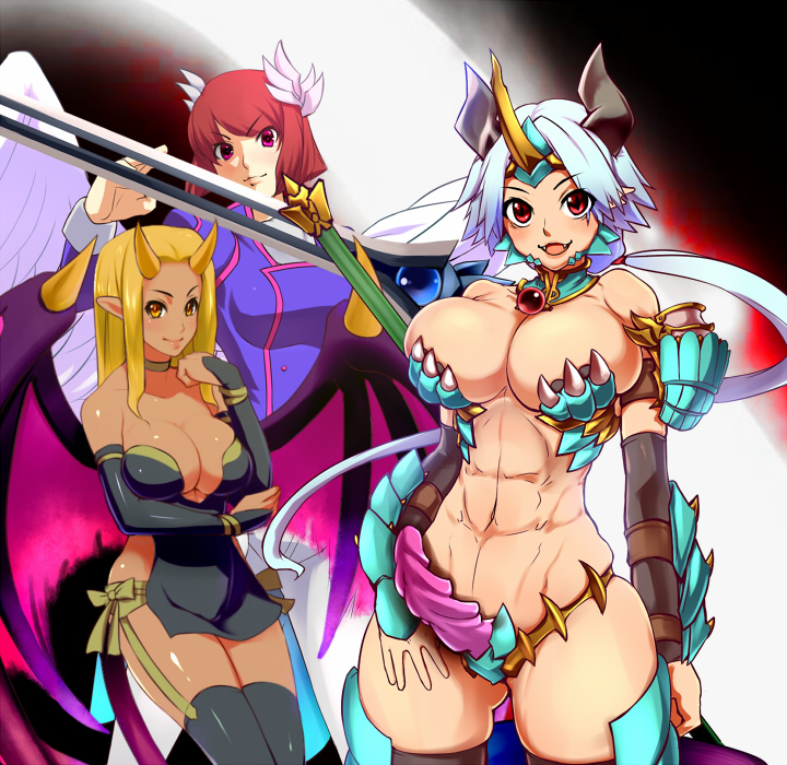 3girls, abs, bare_shoulders, blonde_hair, blue_hair, breasts, brown_eyes, dark_skin