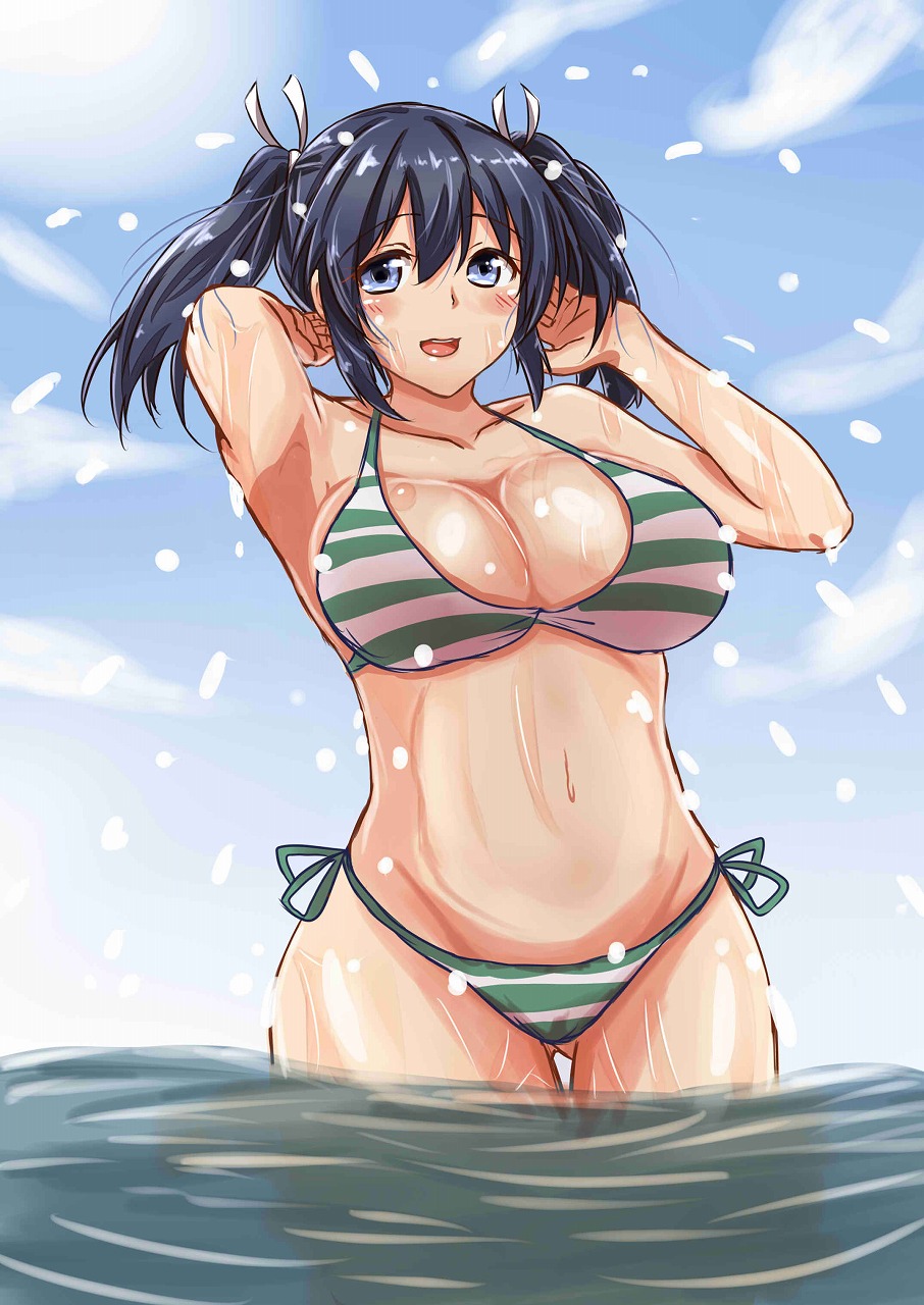 10s, 1girl, :d, alternate_costume, bare_arms, bare_shoulders, bikini, blue_eyes, blue_hair, blush, breasts, chan_(akuty_ikkot), cleavage, female_focus, hair_between_eyes, highres, kantai_collection, large_breasts, looking_at_viewer, matching_hair/eyes, navel, open_mouth, partially_submerged, short_twintails, side-tie_bikini_bottom, smile, solo, souryuu_(kancolle), stomach, striped_bikini, striped_clothes, swimsuit, thigh_gap, twintails, wading, water, wet, wet_clothes
