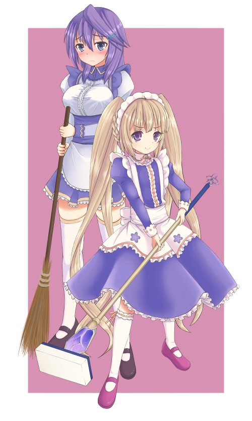 2girls, anemone_(flower_knight_girl), blonde_hair, blush, broom, brown_eyes, dress, flower_knight_girl, heliotrope_(flower_knight_girl), holding, long_sleeves, looking_at_viewer, maid, mary_janes, multiple_girls, pink_background, purple_dress, purple_footwear, purple_hair, shoes, short_hair, simple_background, standing, suzuki_lv.002, thighhighs, twintails, white_dress, white_legwear, zettai_ryouiki