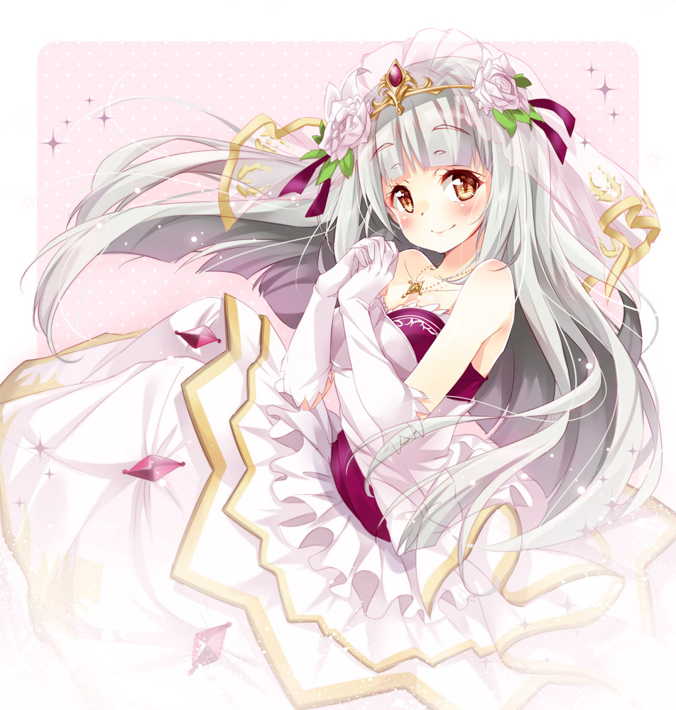 1girl, blush, brown_eyes, cross, cross_necklace, dress, female_focus, flower