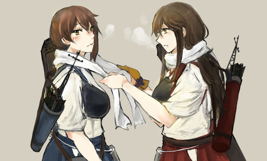 10s, adjusting_scarf, akagi_(kancolle), armor, arrow_(projectile), breastplate, clothing_cutout, highres, hip_vent, japanese_clothes, kaga_(kancolle), kantai_collection, long_hair, quiver, sayo_(asahisayo), scarf, traditional_clothes, yellow_eyes