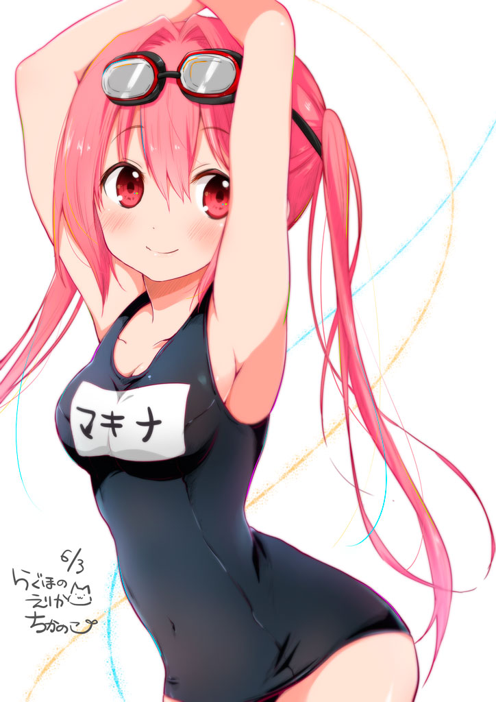 1girl, armpits, arms_up, artist_name, bad_id, bad_pixiv_id, black_one-piece_swimsuit, blush, breasts, character_name, chikanoko, cleavage, closed_mouth, collarbone, copyright_name, covered_navel, cowboy_shot, dated, eyebrows, female_focus, from_side, goggles, goggles_on_head, hair_between_eyes, hair_intakes, hip_focus, light_smile, long_hair, looking_at_viewer, medium_breasts, name_tag, old_school_swimsuit, one-piece_swimsuit, original, pink_eyes, pink_hair, ragho_no_erika, school_swimsuit, signature, simple_background, smile, solo, swimsuit, tsugou_makina, twintails, very_long_hair, white_background