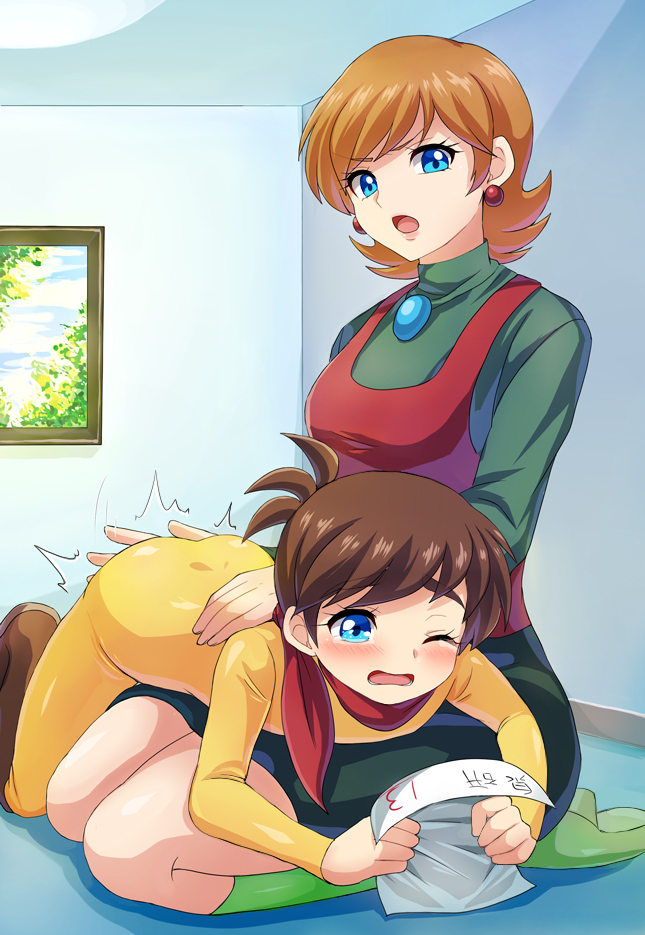 1boy, 1girl, ass, blue_eyes, blush, bodysuit, brown_hair, chargeman_ken!, earrings, indoors, izumi_ken, izumi_saori, jewelry, mother_and_child, mother_and_son, nomishimo, one_eye_closed, open_mouth, orange_hair, parent_and_child, seiza, short_hair, shota, sitting, socks, spanked, spanking, turtleneck