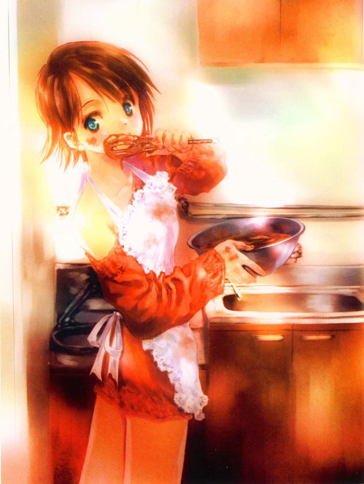 apron, asuna_elmarit, cooking, ecole_du_ciel, gundam, highres, mikimoto_haruhiko, short_hair