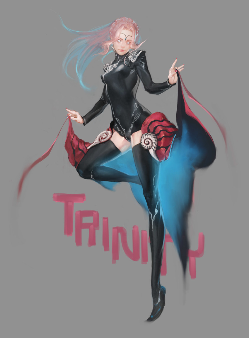 1girl, black_thighhighs, blank_eyes, breasts, character_name, circlet, covered_erect_nipples, empty_eyes