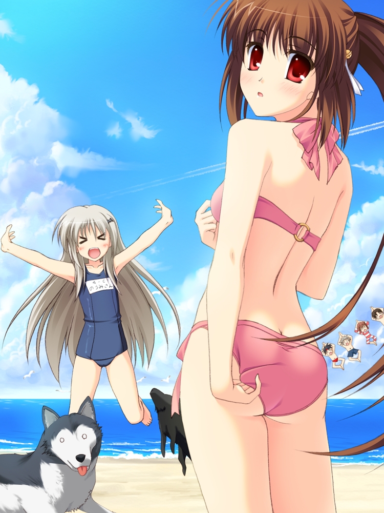 >_<, 2girls, :d, adjusting_clothes, adjusting_swimsuit, ass, barefoot, beach