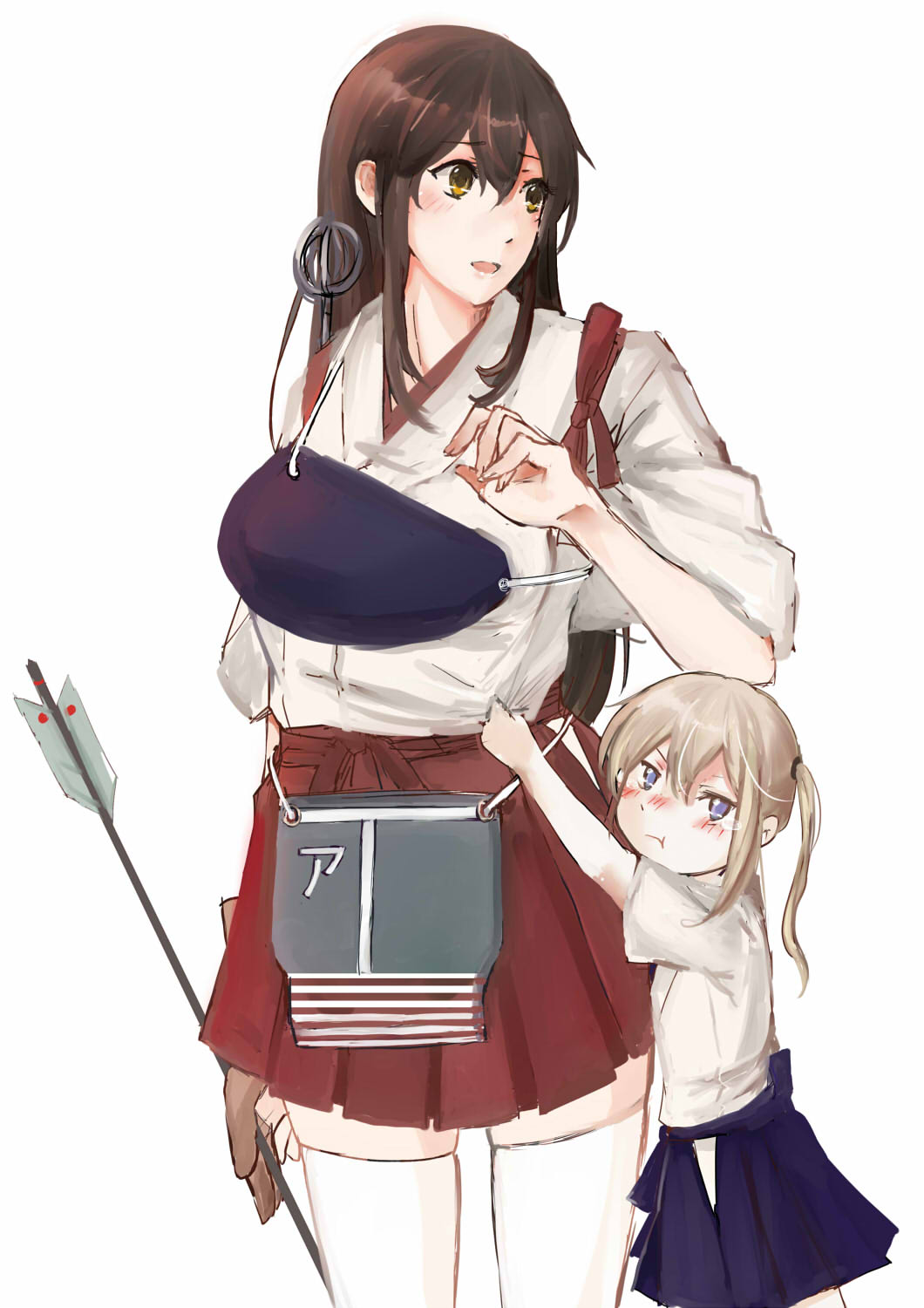 10s, 2girls, :t, akagi_(kancolle), arrow_(projectile), black_legwear, blonde_hair, blush, brown_eyes, brown_hair, child, clothes_grab, flight_deck, graf_zeppelin_(kancolle), grey_eyes, hair_between_eyes, hakama, hakama_short_skirt, hakama_skirt, height_difference, highres, japanese_clothes, kantai_collection, long_hair, looking_at_viewer, looking_to_the_side, miniskirt, multiple_girls, muneate, nontraditional_miko, open_mouth, pout, sayo_(asahisayo), sidelocks, skirt, straight_hair, thighhighs, tsurime, twintails, aged_down, zettai_ryouiki