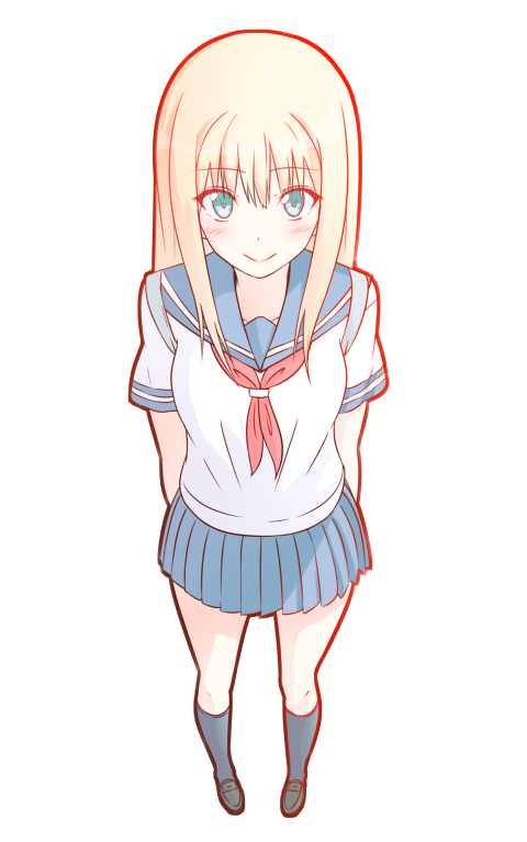 1girl, arms_behind_back, black_socks, blonde_hair, blue_skirt, blush, brown_shoes, closed_mouth